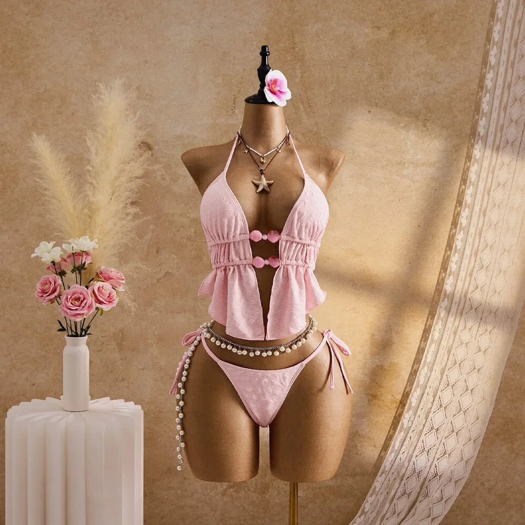 Sexy Thong Bikini 2026 Mujer Women Pink Pearls Hollow Out Pleate Ruffles Push Up Swimsuit Beach Bathing Suit Holiday Swimwear
