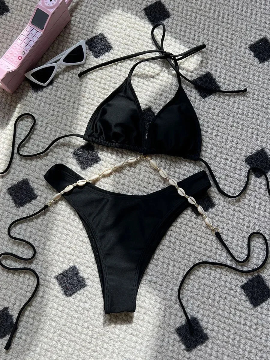 Halter Wrap Around Shell Decorated Bikini Women Swimwear Female Swimsuit Two Pieces Bikini Set Bathing Swimming Swim Suit Swim