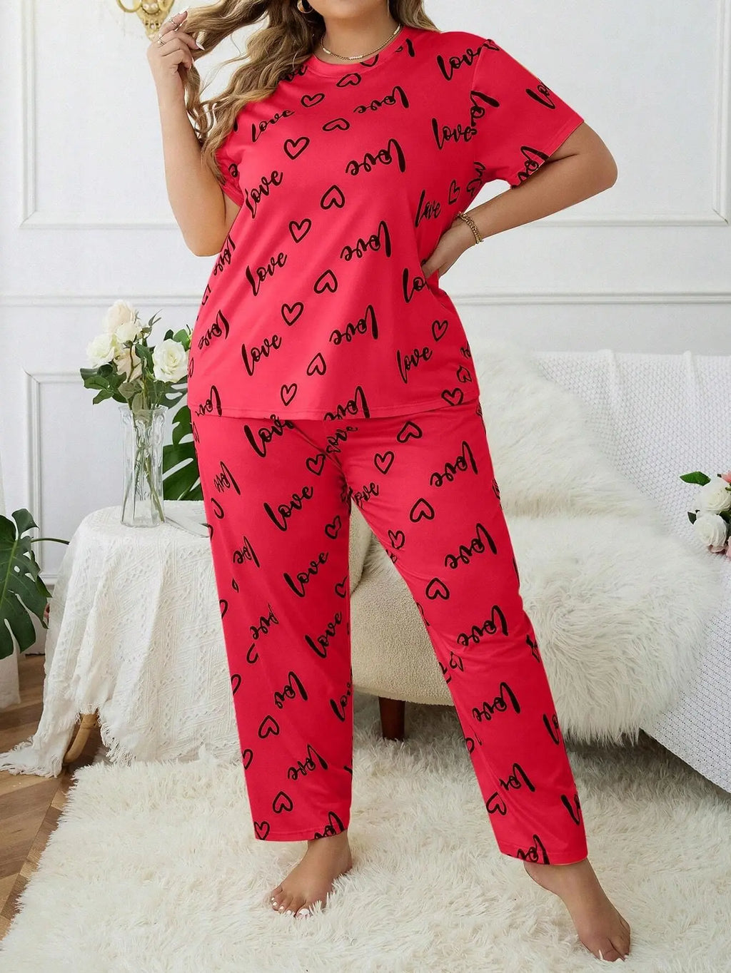 Plus Size 3XL 4XL 5XL Sleepwear Heart Letters Print 2 PCS Pajama Set Women's Casual Short-Sleeve Top and Pants Loungewear