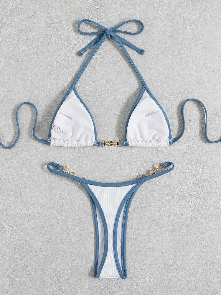 Sexy Halter Pearl Extreme Mini Micro Bikini Female Swimsuit Women Swimwear Two-pieces Bikini set Ribbed Bather Bathing Suit Swim