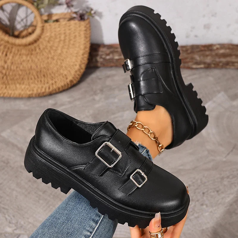Fashion Double Buckle Platform Loafers Women British Style Thick Bottom Pu Leather Shoes Woman Comfort Round Toe Student Shoes