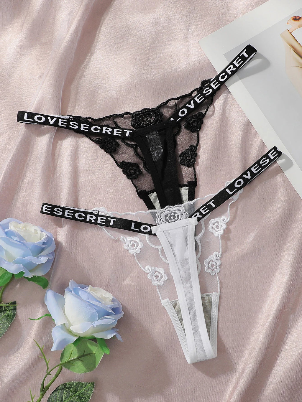 2pcs Ladies' New Lace Sexy Black And White Embroidered Flower Print Sexy Set Thong Underwear C2648
