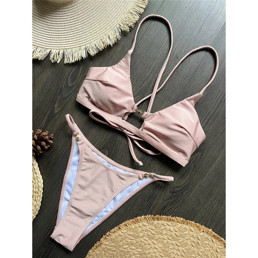 7 Colors New Cross Back Bikini Female Swimsuit Women Swimwear Two-pieces Bikini set High Leg Cut Bather Bathing Suit Swim V8252