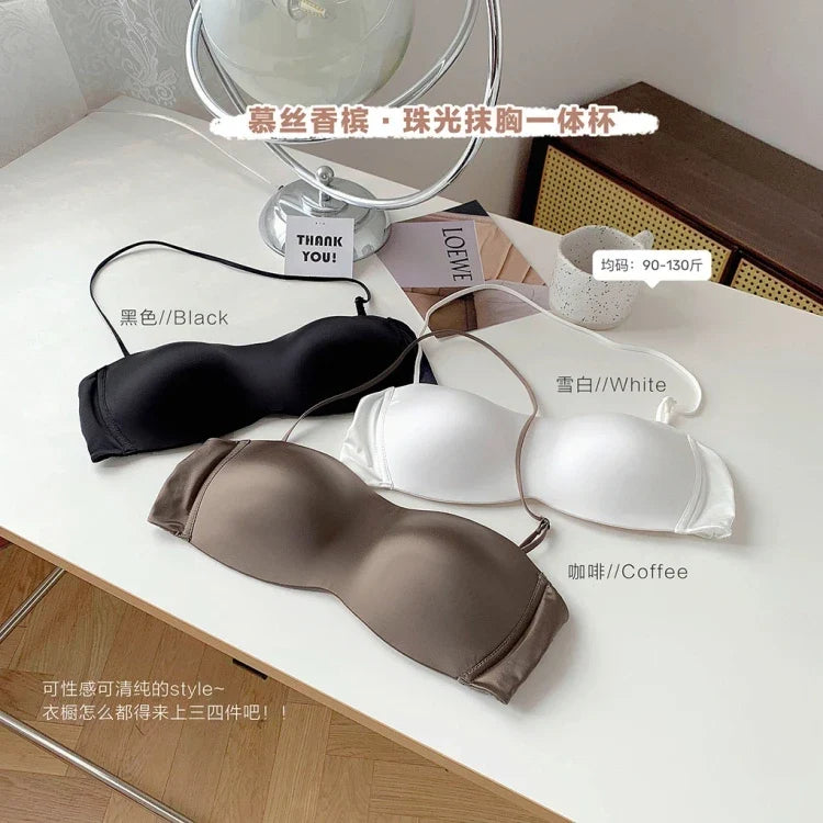 Sexy Japanese Satin Halter Bra Strapless Seamless Two-Way Wear Adjustable Comfort Back Fit Wirefree Lingerie Set S-XL MOYISU Bra