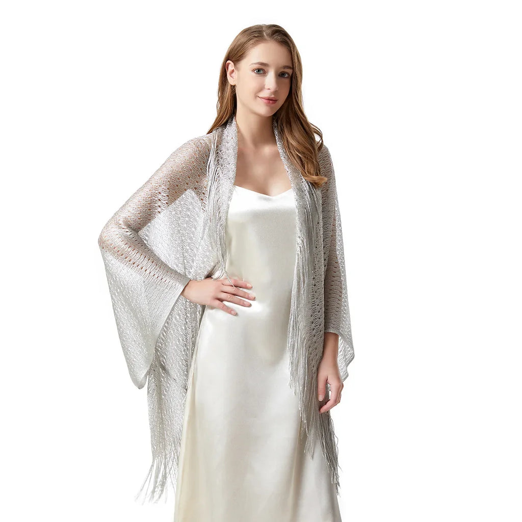 4 Colors Shawl Solid Swimsuit Bikini Cover Up Women Hollow Fringed Cardigan Bright Silk Cape Bathing Suit Cover Ups for Swimwear