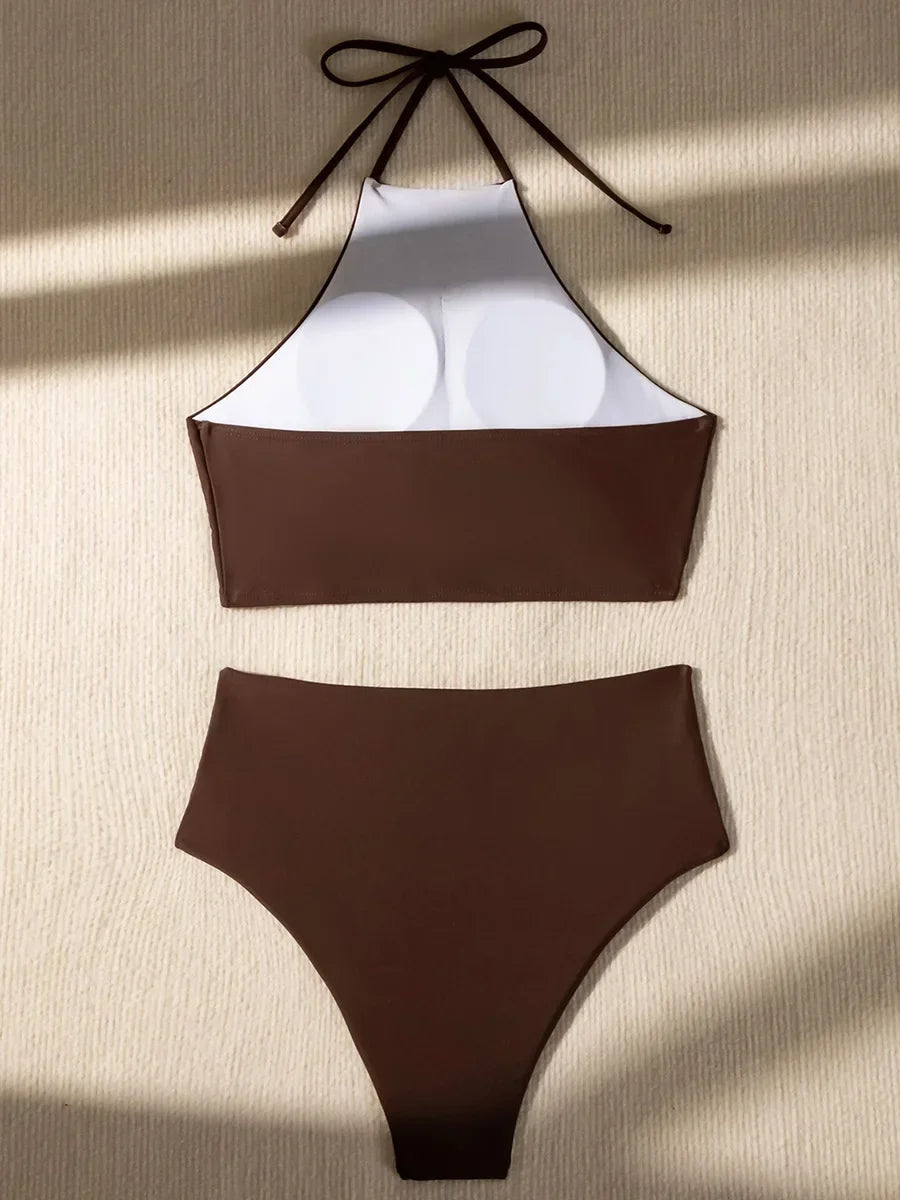 Wrinkled Halter High Neck Bikinis 2026 Female Swimsuit High Waist Bikini Women Swimwear Two-pieces Bikini Set Bathing Suit Swim