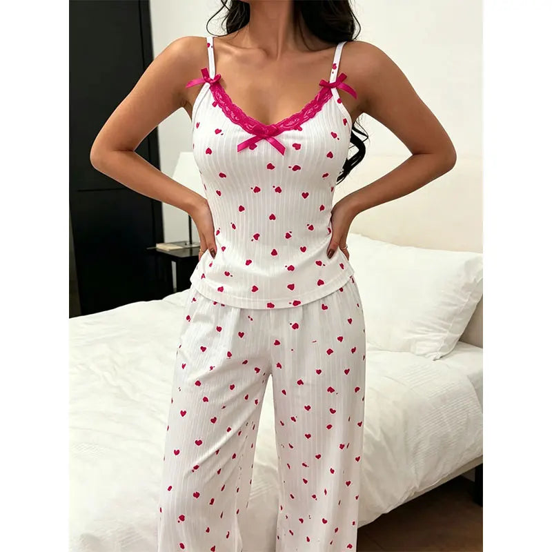 Sling Sexy Lingerie Pants Set Hot Selling Heart Printing Pajamas V Neck Top Trousers 2-piece Women's Summer Home Clothing Sets