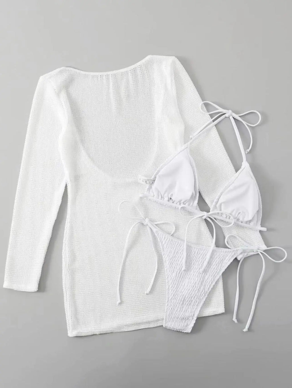 2026 Beach Skirt Swimsuit Women White Three-Piece Bikini Sexy Mesh Long Sleeve Hollow Out Bathing Suit Swimwear Summer Beachwear