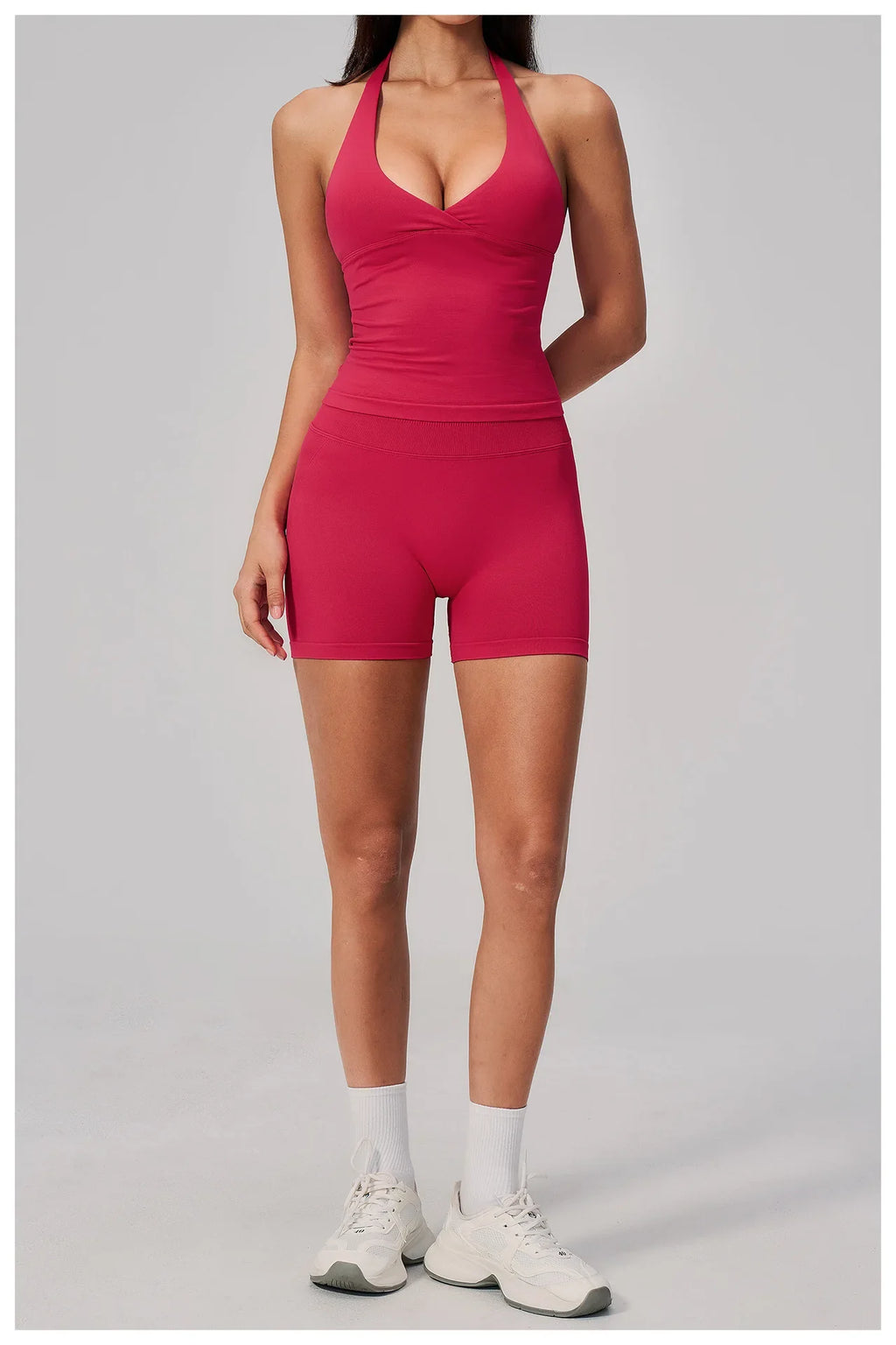 New Seamless Yoga Thread Set Women Hanging Neck V Neck Slim Sports Tank Top Hip Lifting Abdominal Tightening Shorts Fitness Suit