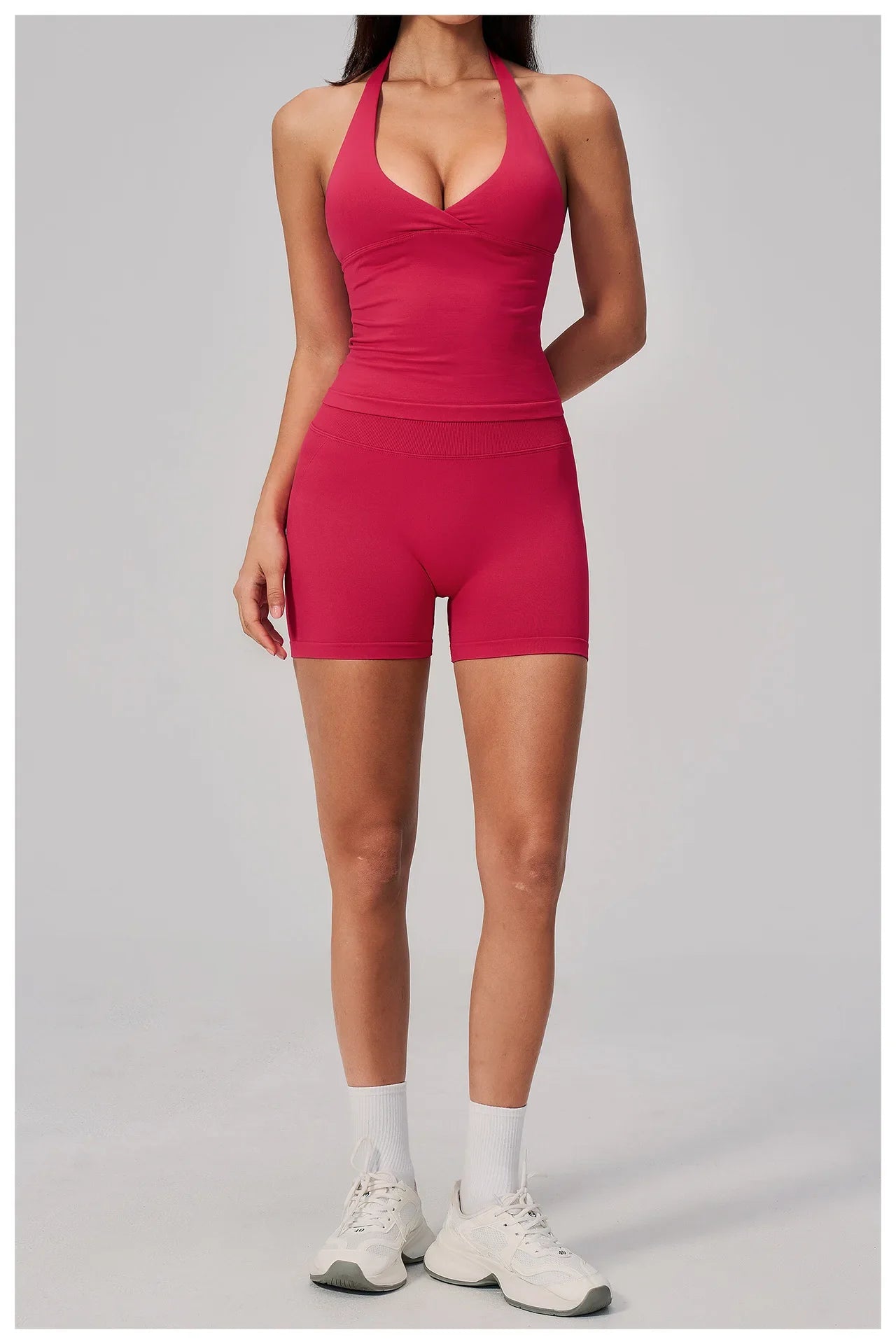 New Seamless Yoga Thread Set Women Hanging Neck V Neck Slim Sports Tank Top Hip Lifting Abdominal Tightening Shorts Fitness Suit