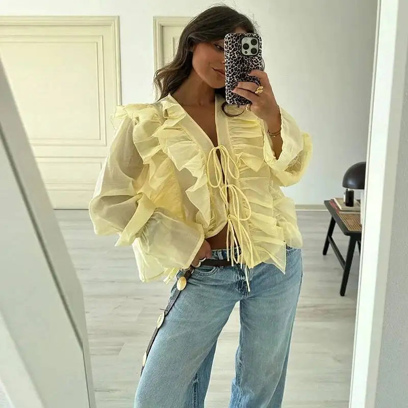 Women's Layered Bell Sleeve Blouse Yellow Ruffled Sheer Blouse V Neck Tie Front Long Sleeve Casual Top With Puffed Sleeves BLZW
