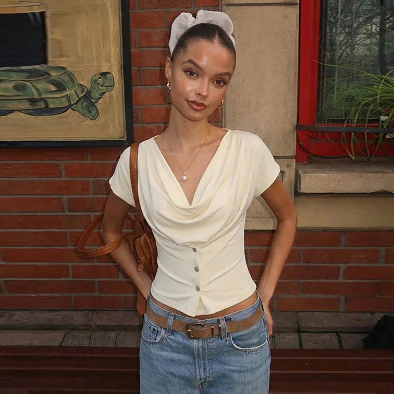 FDYOUI Fashion Casual Swinging Collar T-shirts Y2K Woman Clothes Short Sleeve Buttons Corset T Shirt Ladies Solid Crop Tops Tees