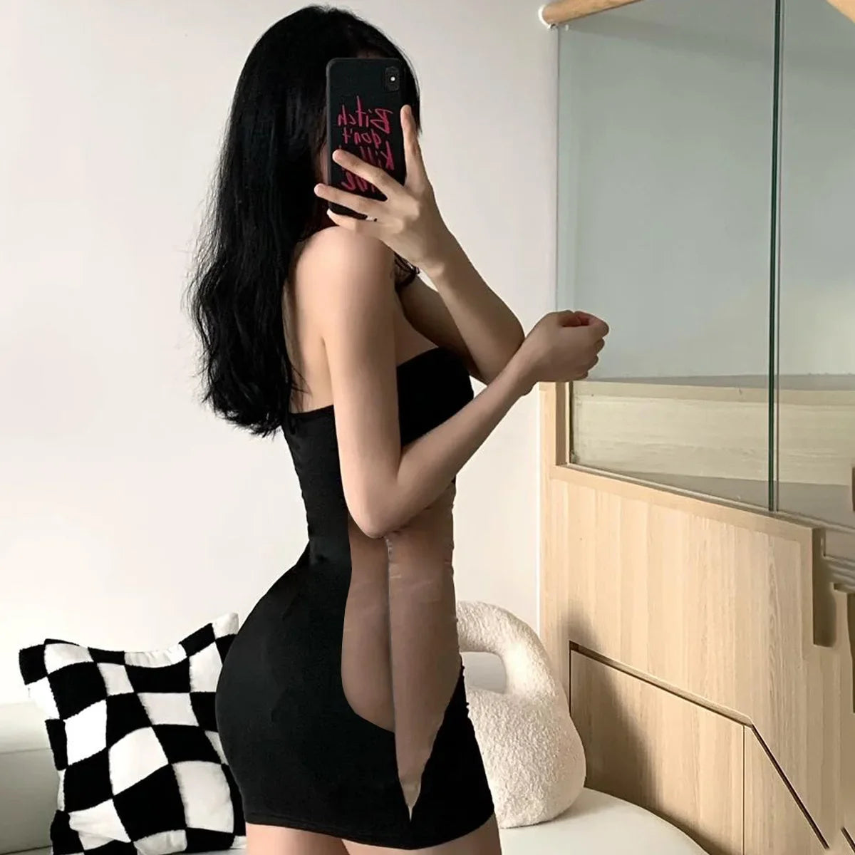 2025 Summer New Sexy Bag Hip Tank Mini Dress Fashion Slant Shoulder Pure Desire Mesh Temptation Dress Elegant 2025 New Tops VEP8