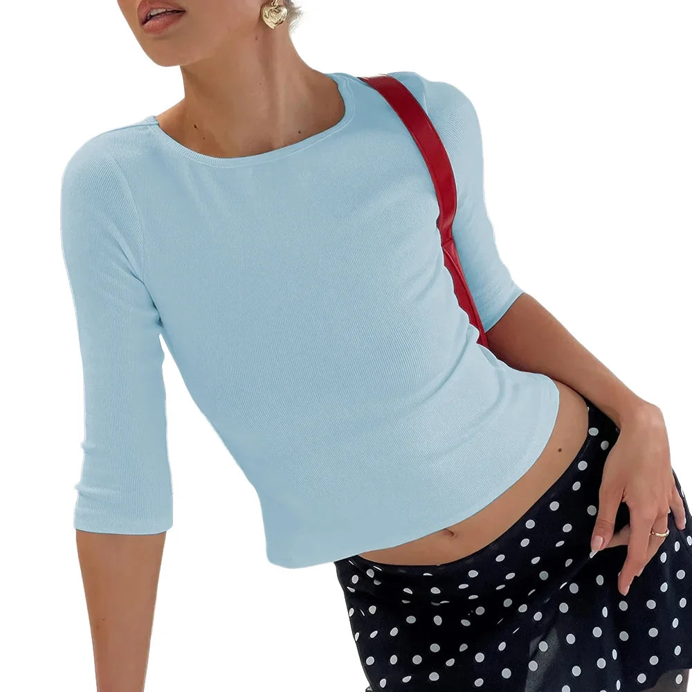 Minimalist Basic Ribbed Knit Top Women 3/4 Sleeve O neck Cropped T-Shirt Lady Summer Streetwear Y2K Casual Blouse Women Clothing