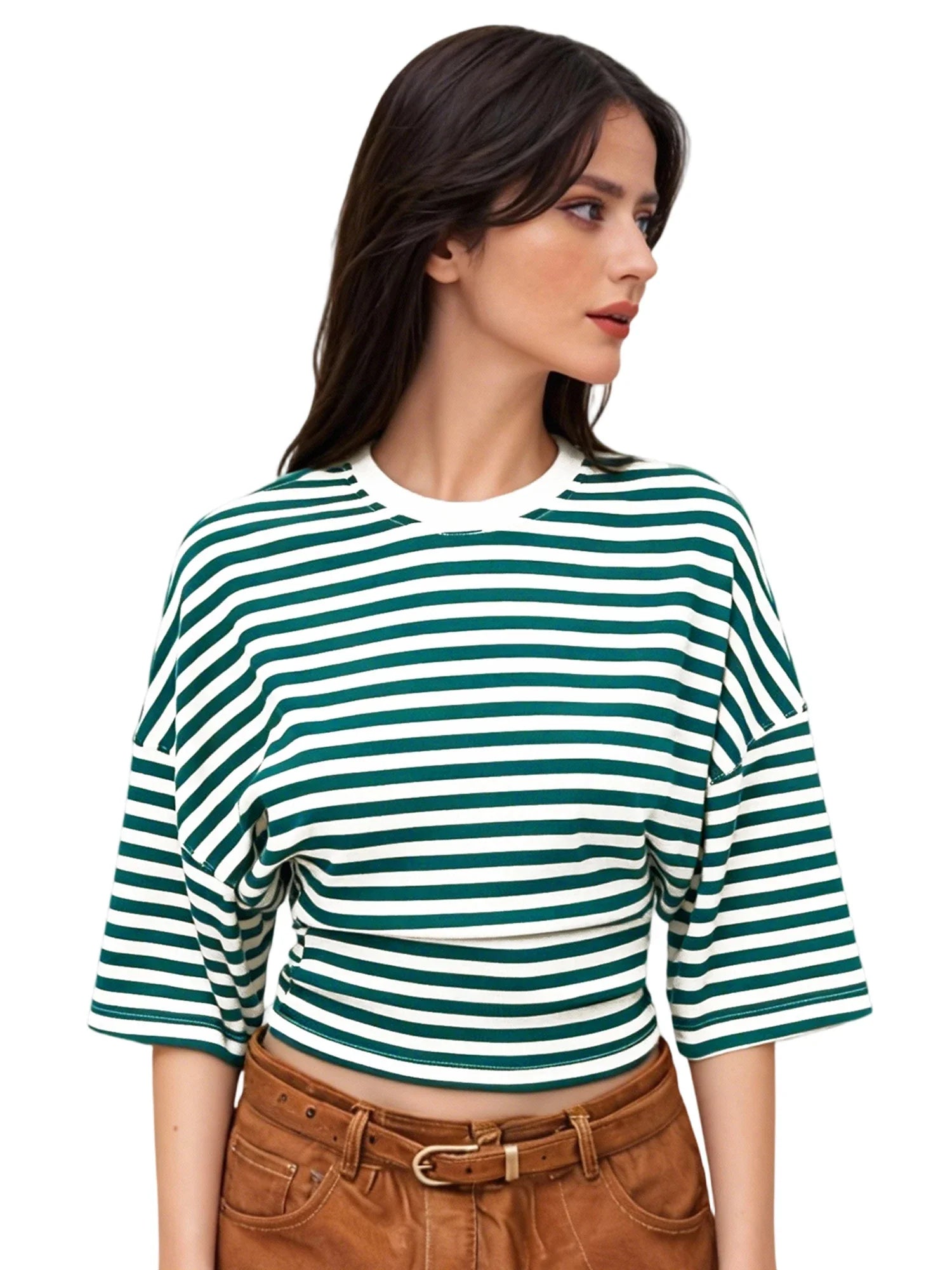 Women Summer Fashion Casual Elbow Sleeve T-Shirts Stripe Cinched Waist Crew Neck Tops Streetwear