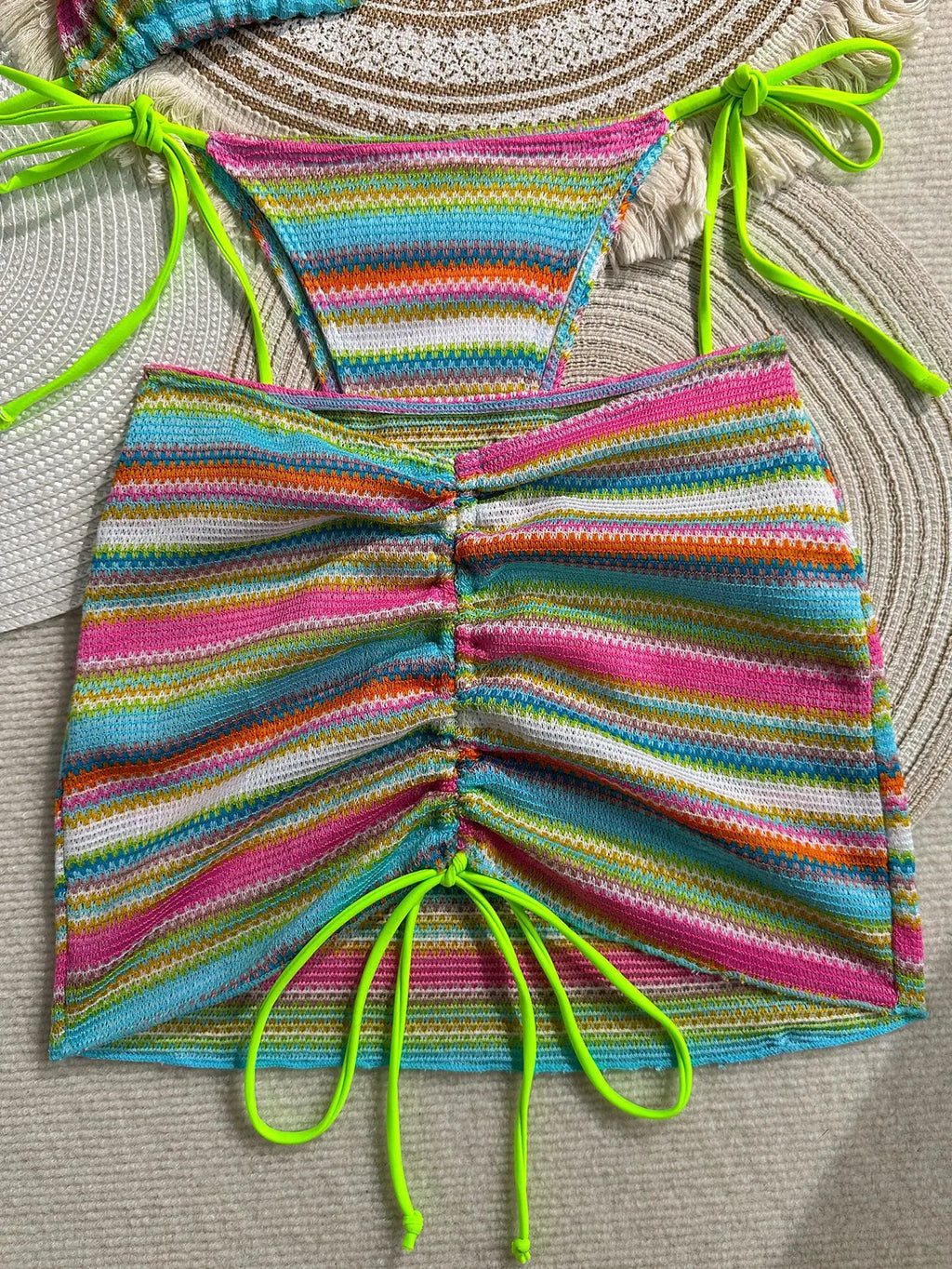 3PCS With Skirt Sarong Knitted Striped Bikini Women Swimsuit Female Swimwear Three Pieces Bikini Set Bathing Suit Swim Beachwear