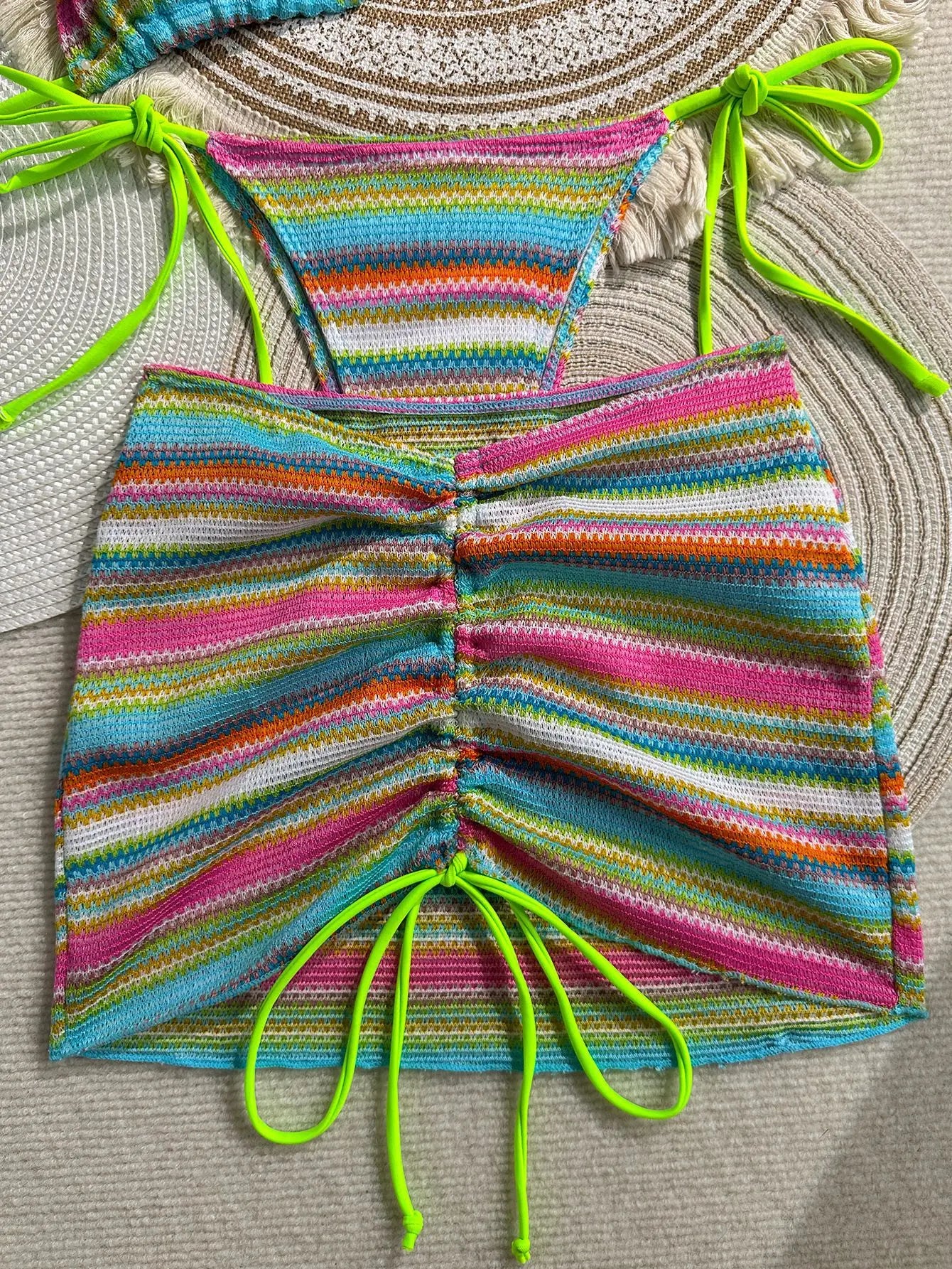 3PCS With Skirt Sarong Knitted Striped Bikini Women Swimsuit Female Swimwear Three Pieces Bikini Set Bathing Suit Swim Beachwear