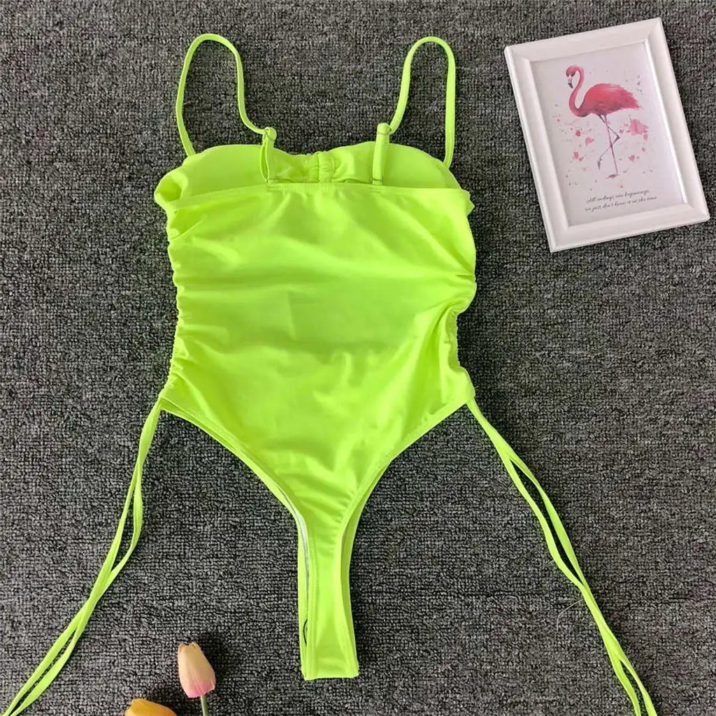 Sexy Lace Up Tummy Cut Out Monokini One Piece Swimsuit Women Swimwear Female Leopard Thong Bather Bathing Suit Swim Wear V1290