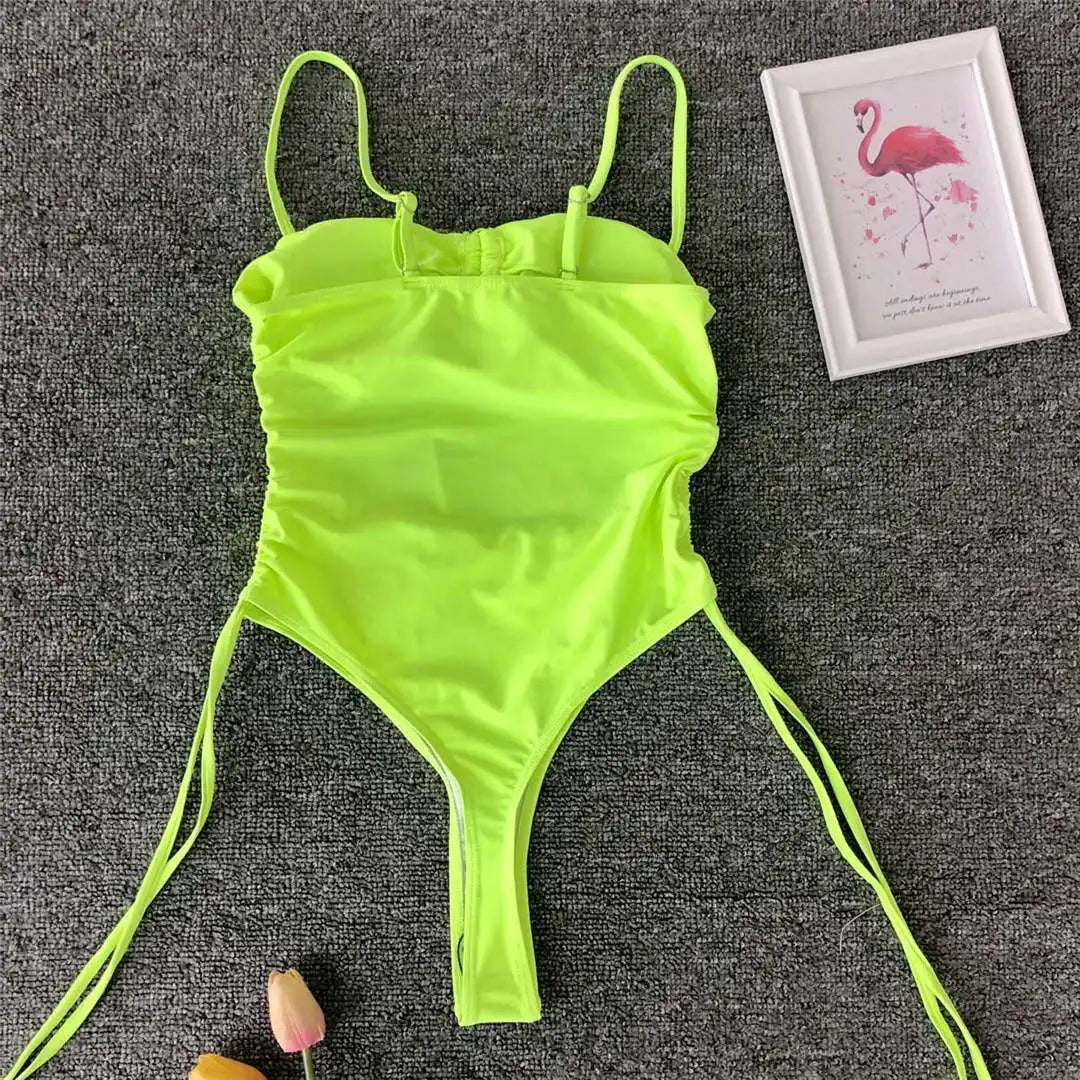 Sexy Lace Up Tummy Cut Out Monokini One Piece Swimsuit Women Swimwear Female Leopard Thong Bather Bathing Suit Swim Wear V1290
