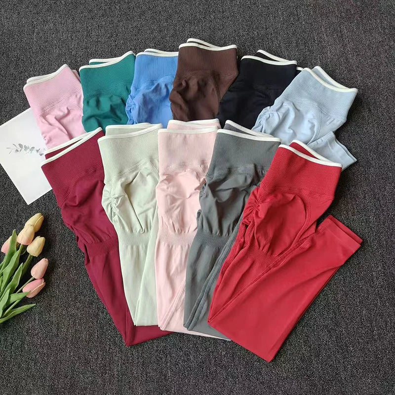 Women's Color Contrast Hip Lifting Yoga Fitness Pants, High Waist and Abdominal Compression, Elastic Tight Yoga Pants, Autumn