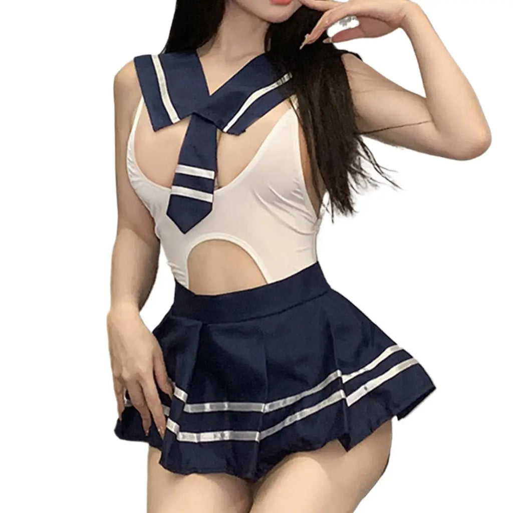 Cosplay Schoolgirls Uniform Women Erotic Sexy Lingerie Set Babydoll Backless Bodysuit Skirt Neck-tie Transparent Porno Underwear