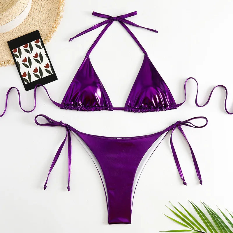 Sexy Brozing Gold Bikinis Sets Women Push Up Micro Bikini Swimsuit 2026 Brazilian Beach Bathing Suit Tie Side Triangle Swimwear