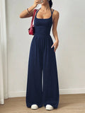 Women's Casual Solid Color Pleating Loose Straight Jumpsuit A-line Backless Halter Neck Slim Cami Jumpsuit Streetwear 2025