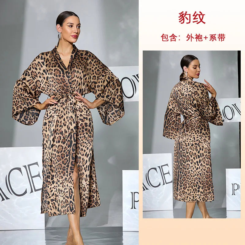 Sexy Leopard Print Satin Long Robe Women Flare Sleeve Tie Waist High Slit Loungewear Outerwear