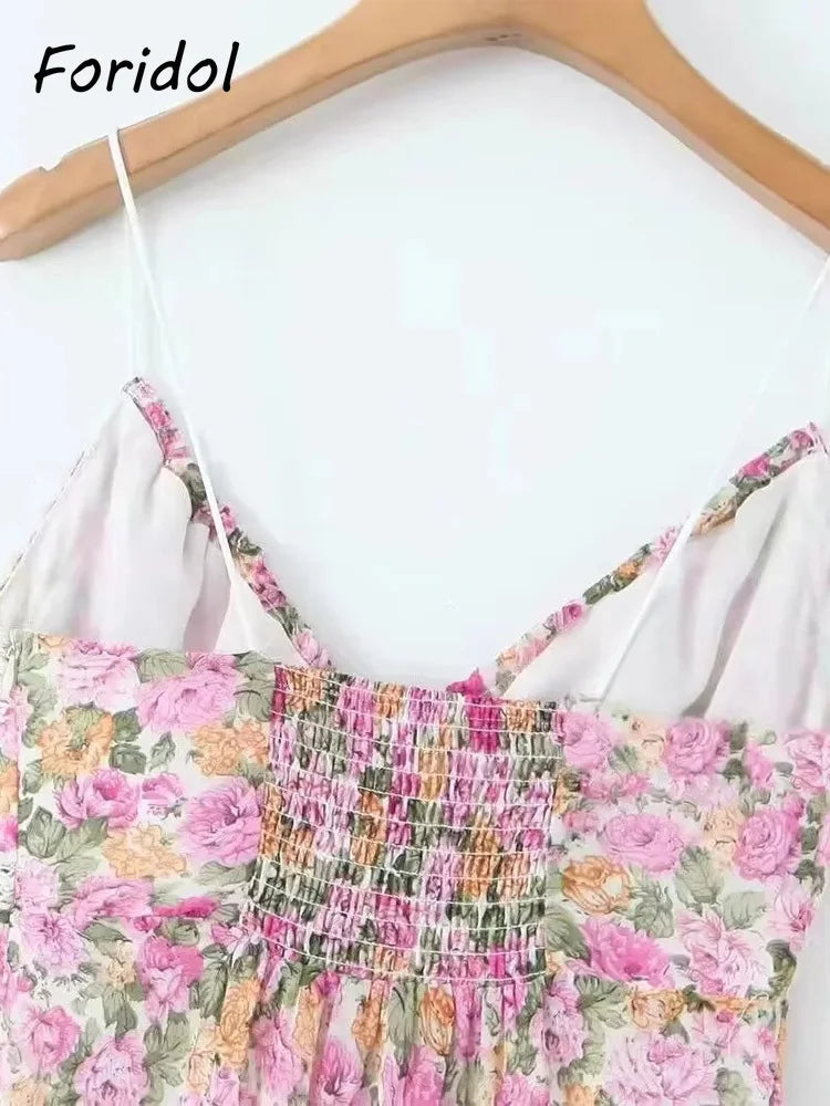 Lace Decoration Pink Floral Maxi Long Sundress Women's Dress 2025 Spaghetti Strap V Neck Smocked Boho Straight Boho Dress