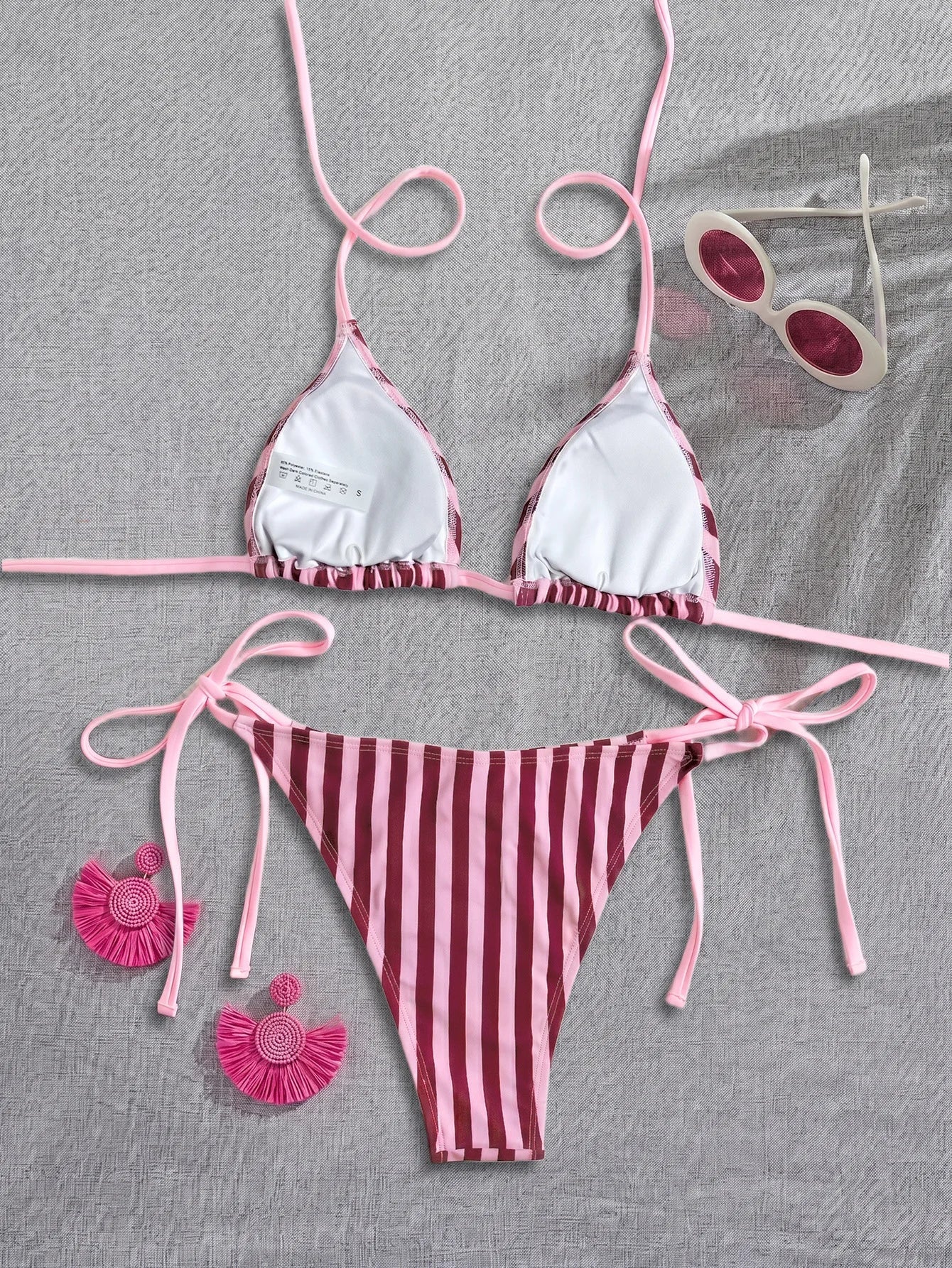 Sexy Pink Striped Micro Bikini 2026 Women Halter Push Up Bra Tie Side Thong Swimsuit Beach Bathing Suit Holiday Swimwear Biquini