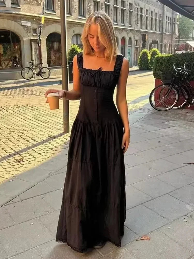 Bowknot White Summer Women's Dress Elegant Tank Beach Long Sundress Vestidos Sleeveless Holiday Chic Black Slim Maxi Dress 2025
