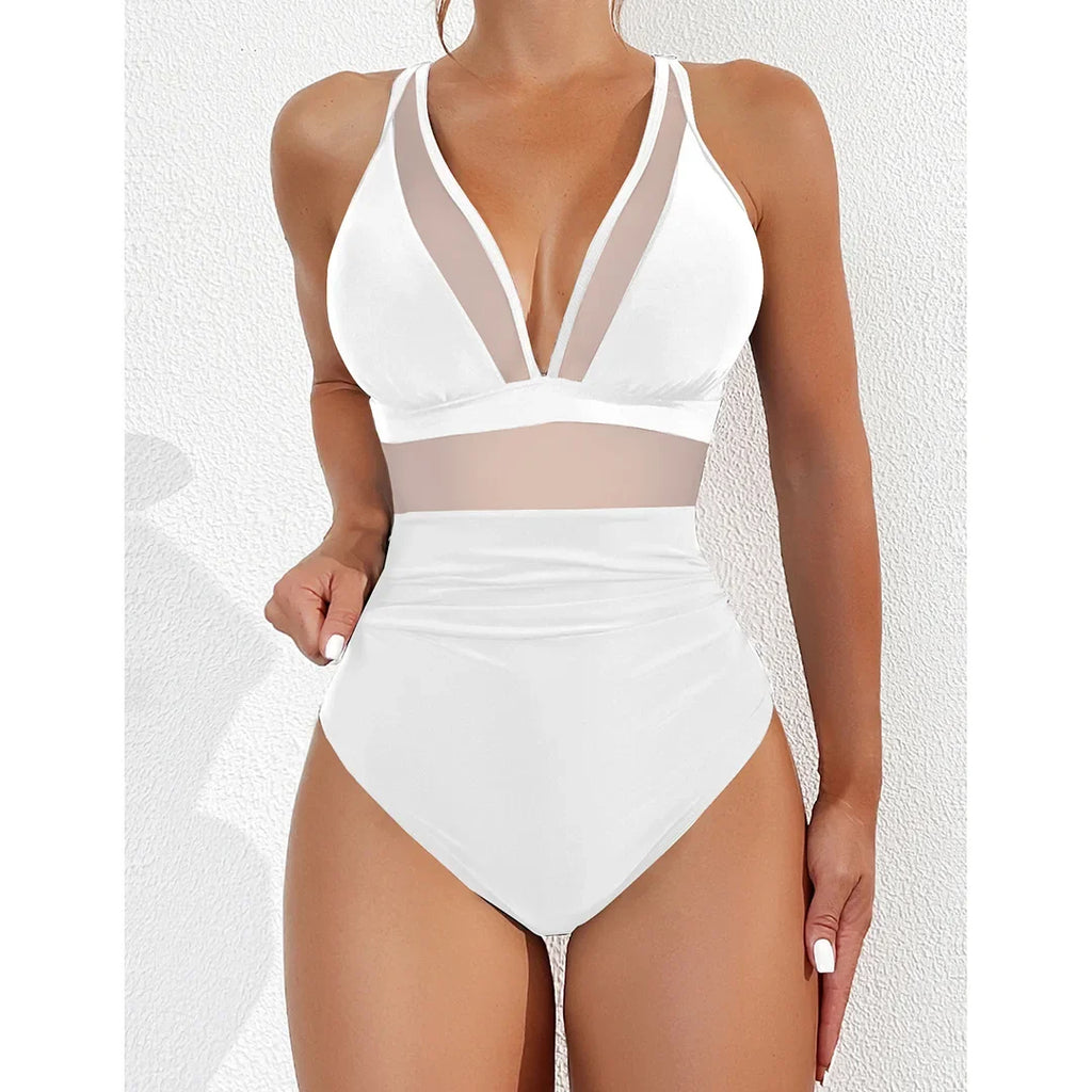 S - XL New Sexy Mesh Sheer V Neck Women Swimwear One Piece Swimsuit Female High Leg Cut Monokini Bather Bathing Suit Swim V5136