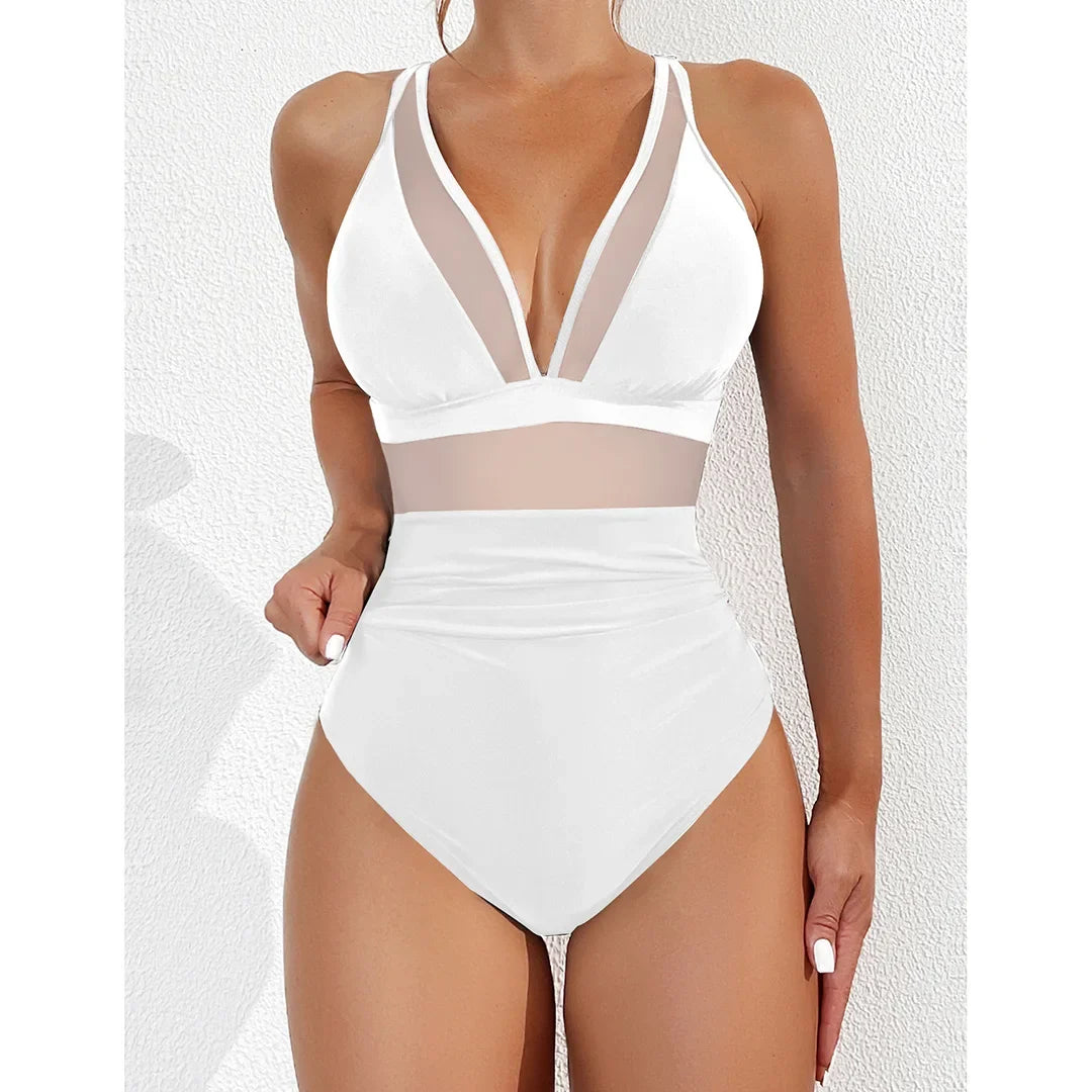 S - XL New Sexy Mesh Sheer V Neck Women Swimwear One Piece Swimsuit Female High Leg Cut Monokini Bather Bathing Suit Swim V5136
