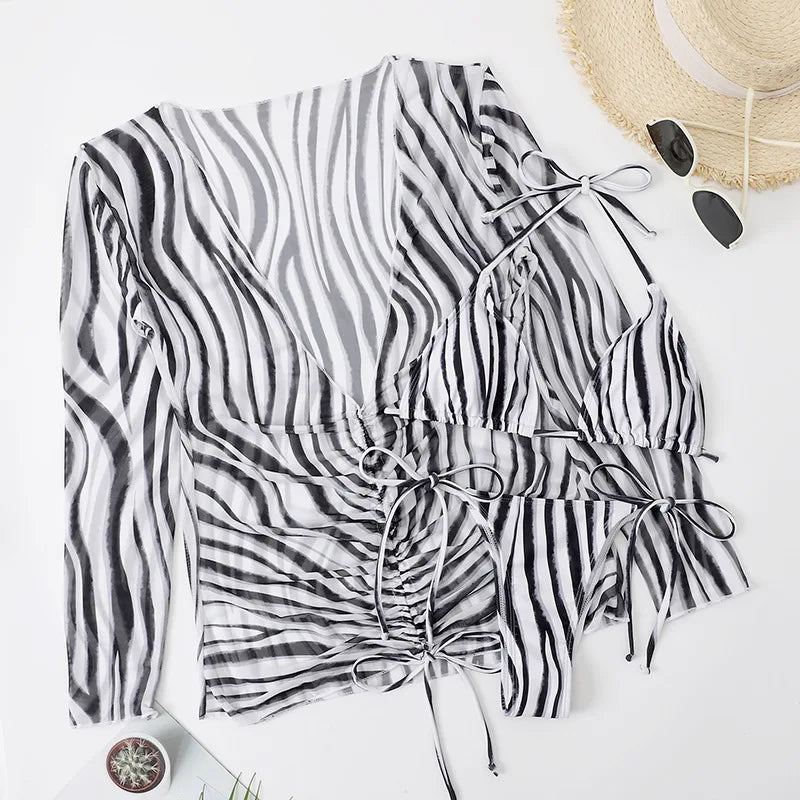 DEKA Sold Triangle Bikini Set Blouse Swimsuit Women Printed Halter Swimwear Cover Up Beach Wear 3 Pieces Sheer Bathing Suit