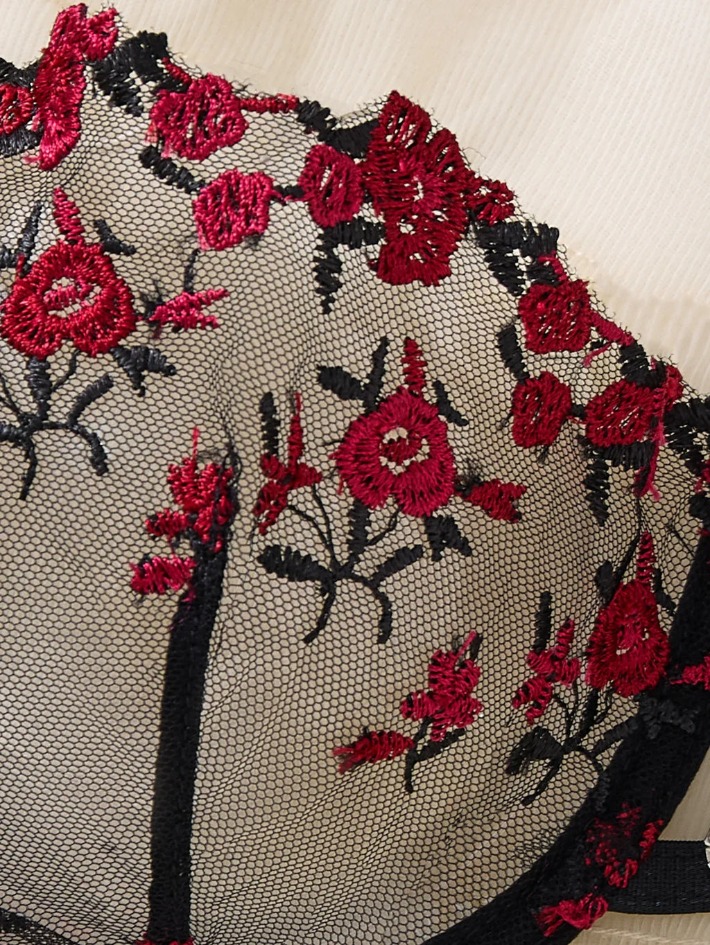 Black Red Rose Embroidery Lingerie Set Women Sheer Mesh Push Up Bra And Thong 2 Piece Sexy Transparent Lace Underwear ZA824026