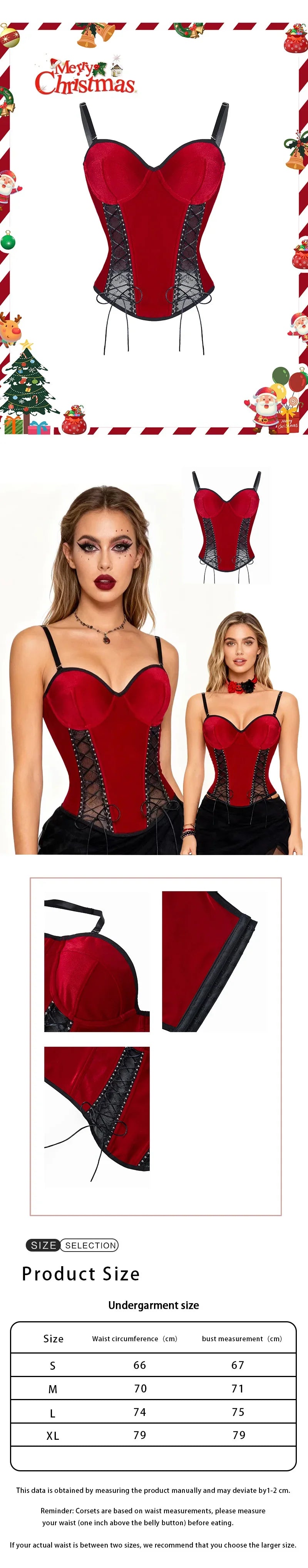 Christmas Red Black Lace Fishnet Boned Bodysuit, Sexy Push Up Corset Shapewear with Side Smoothing, Tummy Control Lingerie