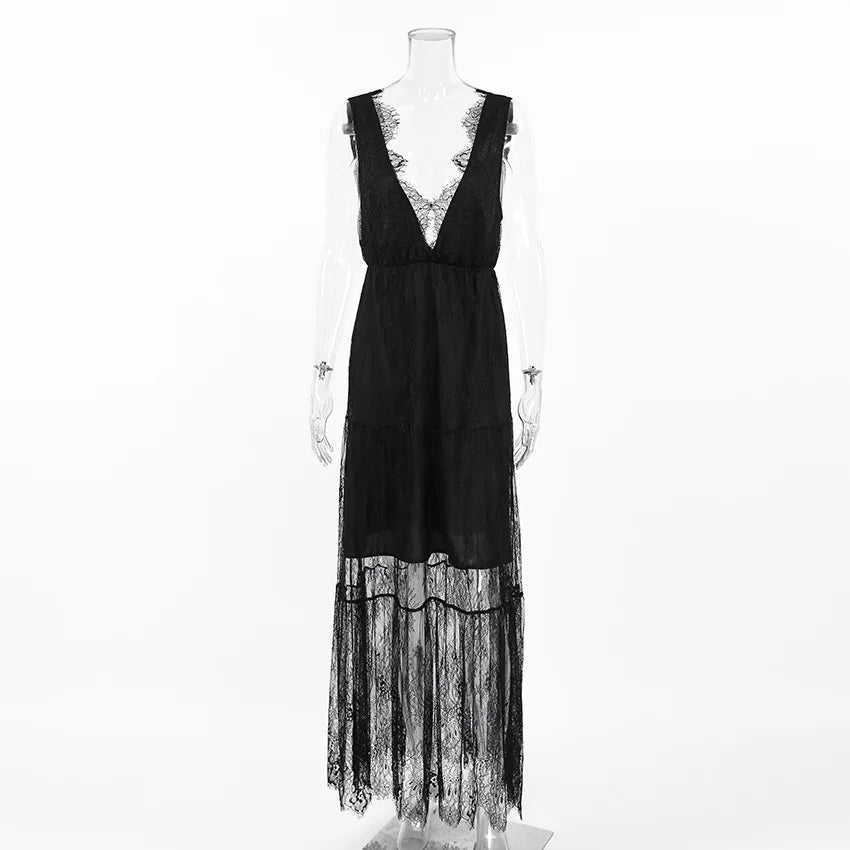 Sexy Deep V-neck Sleeveless Lace Dress Streetwear Women 2026 Backless Tunics A-line Party Dresses Long Maxi Robe Black White