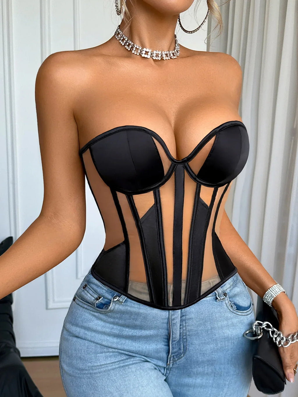 Mesh Thin Corset Sexy Erotic Tight Corset Fishbone Top Casaul Transparent Off-the-shoulder Pure Desire Elegant Top Charming 6EX2