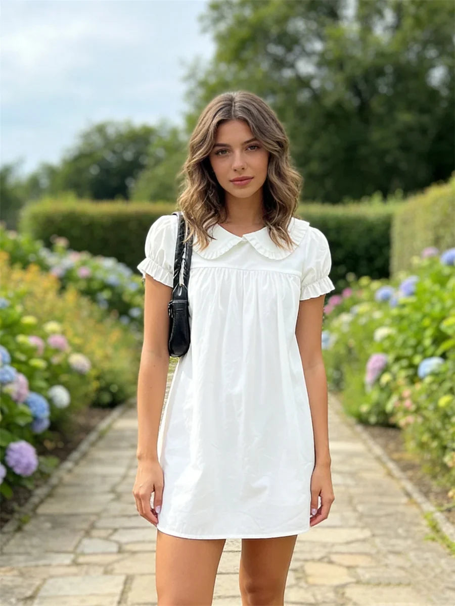 Women Casual White Mini Dress Short Sleeve Doll Collar Loose Shirt Dress 2026 Summer Retro Streetwear