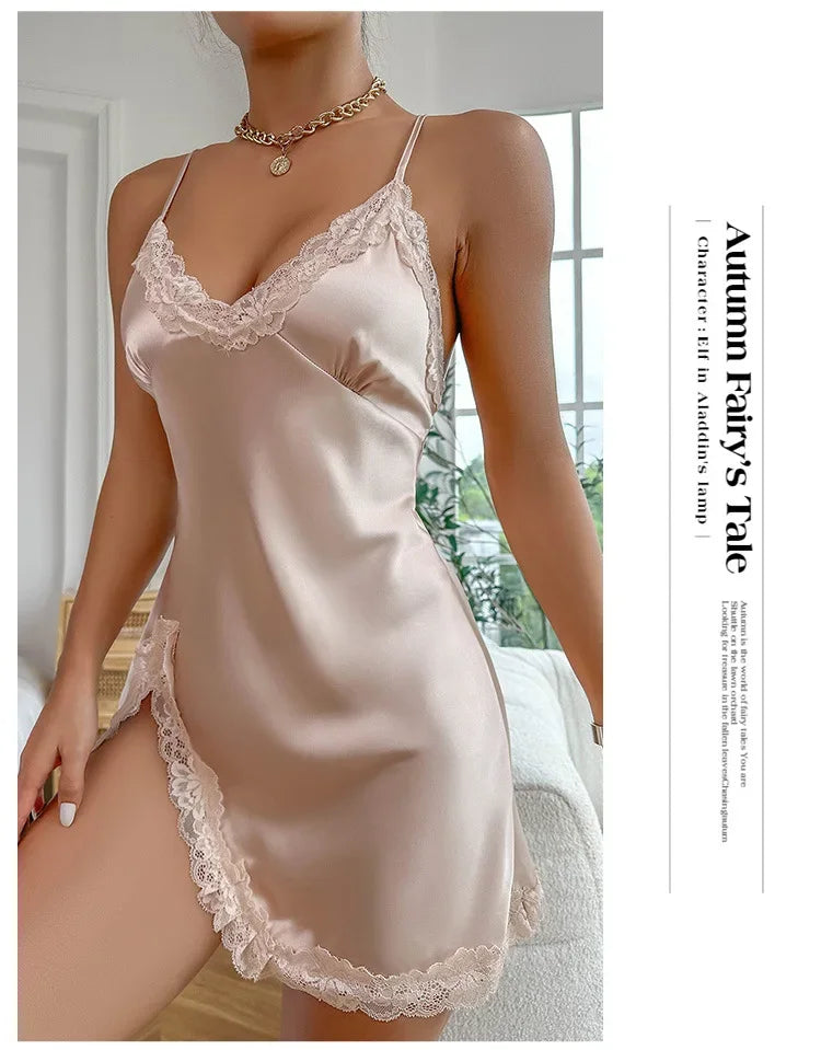 Summer Contrast Sensual Lace Silk Satin Nightdress for Women Deep V Backless Lace Up Split Slip Sleep Dress Nightgown
