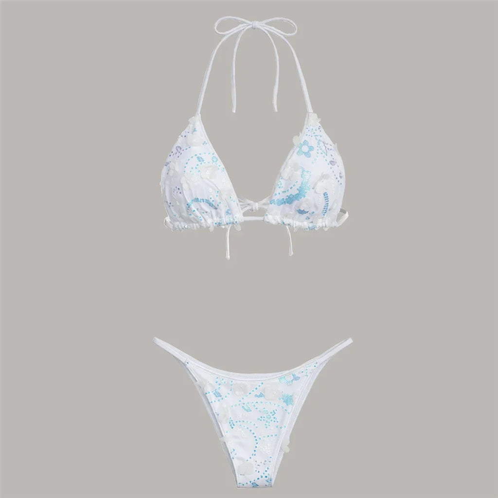 S - XL Three-pieces Bikini set With Skirt Flowers Sequins Bikini Female Swimsuit Women Swimwear Bather Bathing Suit Swim V7864
