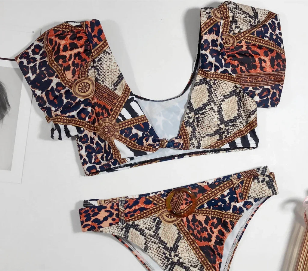 New Sexy Two Piece Swimsuit Swimwear Women Print High Waist Short Sleeve Bathing Suit Beachwear Belt Decor Banadores Mujer 2026