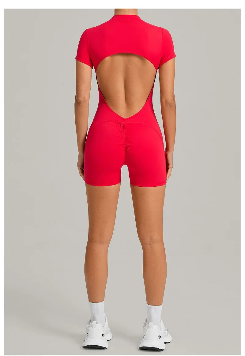 Women's Seamless Yoga Jumpsuits Sports Fitness Beauty Back Slim Fit Short-Sleeves One-Piece Workout Gym Training Bodysuits