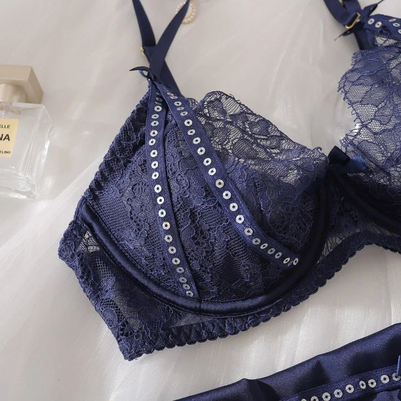 Toucheart 4PCS Lingerie Sexy Set Solid Color Cut-out Garter Strap Slim See-through Butterfly Fine Knot Shoulder Strap Bra