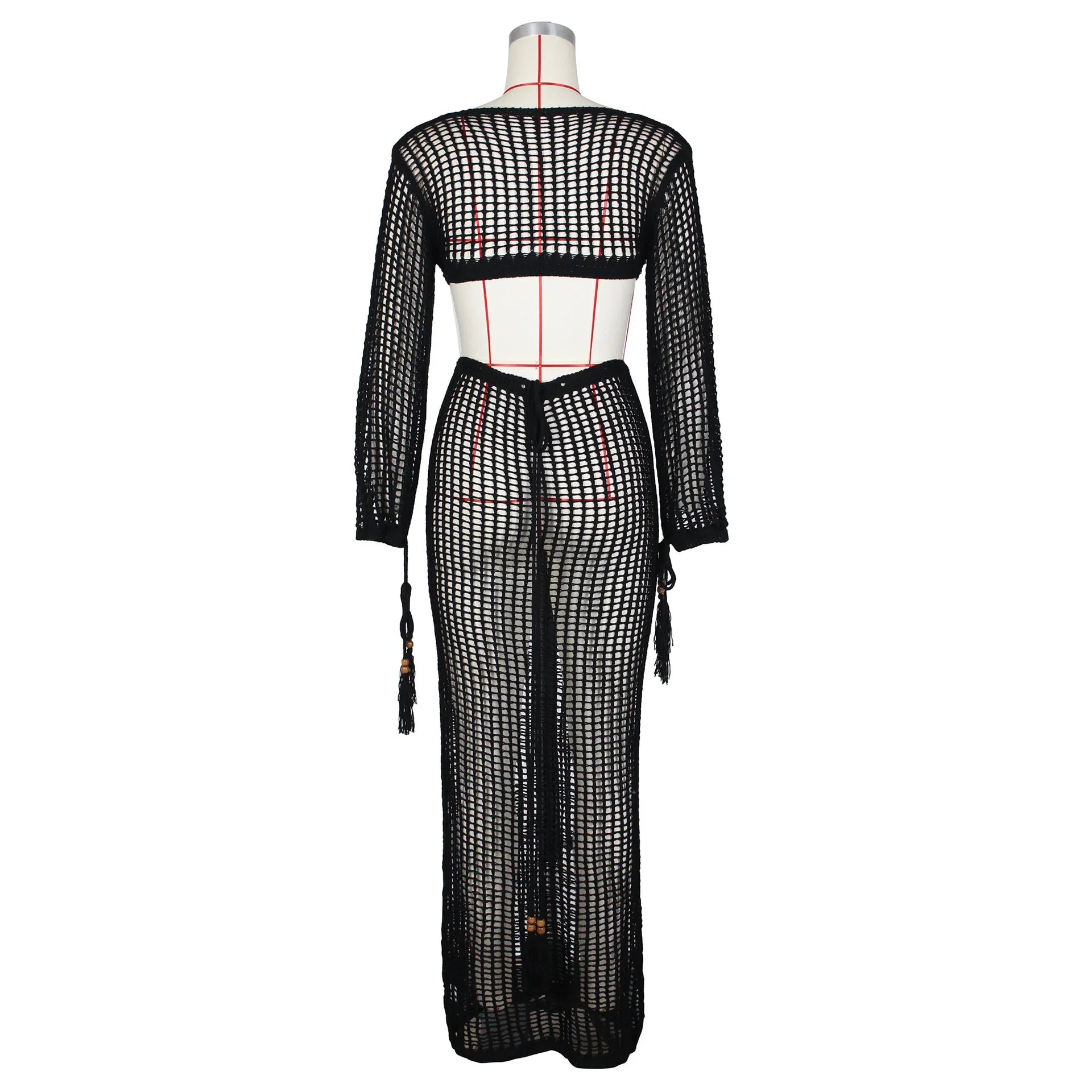 DEKA Women Knitted Backless Cover Up Swimsuit Long-sleeved Crochet Hollow Out Dress Summer Beach Vacation Outfit Beach Dress