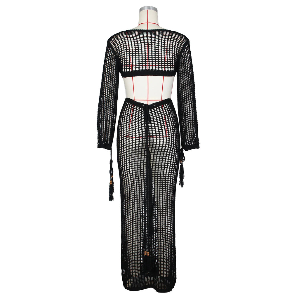 DEKA New Sexy Knit Mesh Cut Out Deep V Neck Long-sleeve Lace-up Fringe Tunic Summer Women Swimsuit Cover-ups Beach Maxi Dress