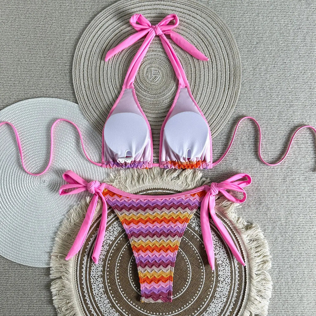 Striped Halter Bikini Women Swimwear Female Swimsuit Two-pieces Bikini Set Padded High Cut Leg Bather Bathing Suit Swim Lady
