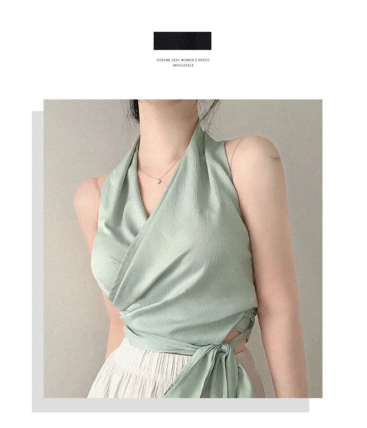 Women Blouses Slim Fit V-neck Lace Up Open Stitch Versatile Sleeveless Top For Female Chiffon Tops Summer Fashion PPAY
