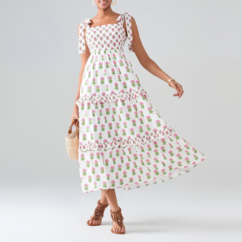 Flower Print Tie Strap Swing Dress Women A-Line Square Neck Tiered Ruffled Summer Bohemian Beach Long Tank Dress