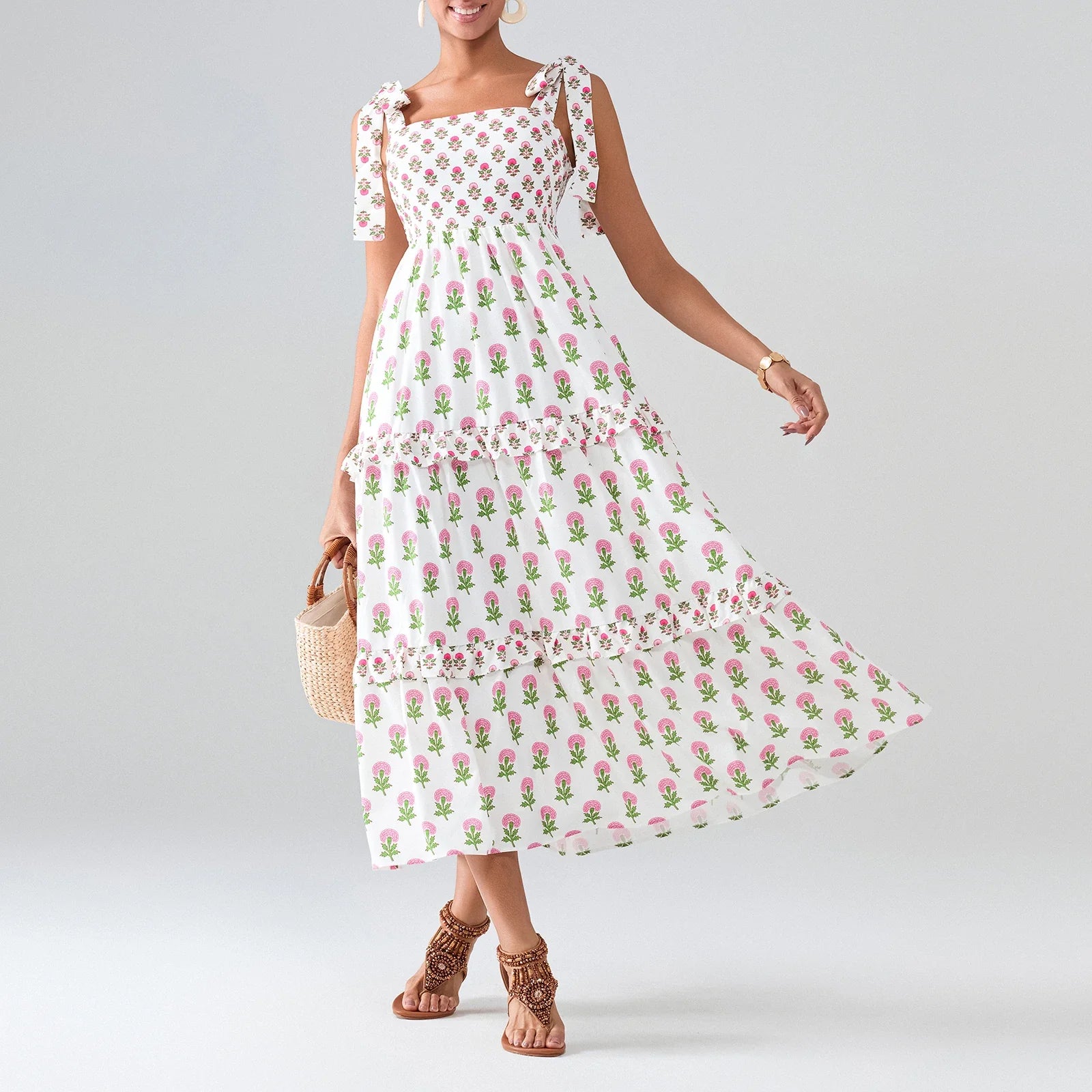 Flower Print Tie Strap Swing Dress Women A-Line Square Neck Tiered Ruffled Summer Bohemian Beach Long Tank Dress